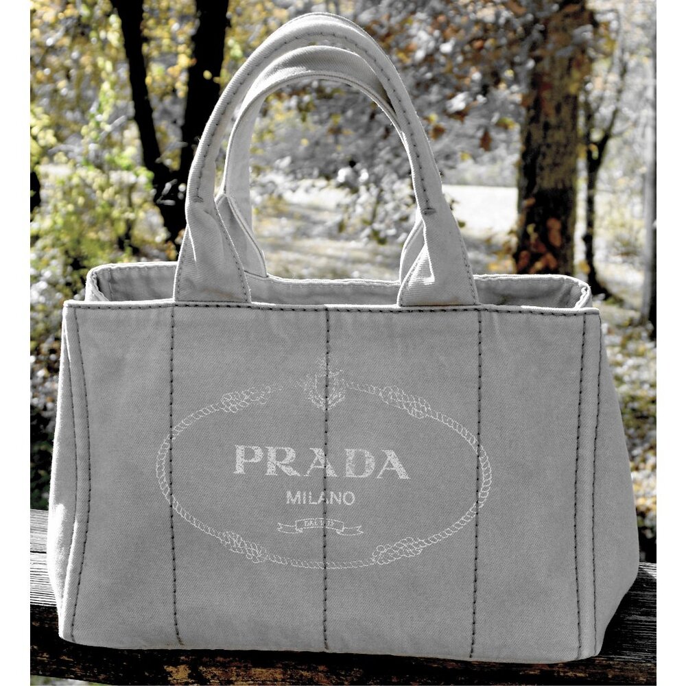 Prada Canapa Medium Denim Logo Tote – Gray Canvas – Made in Italy
